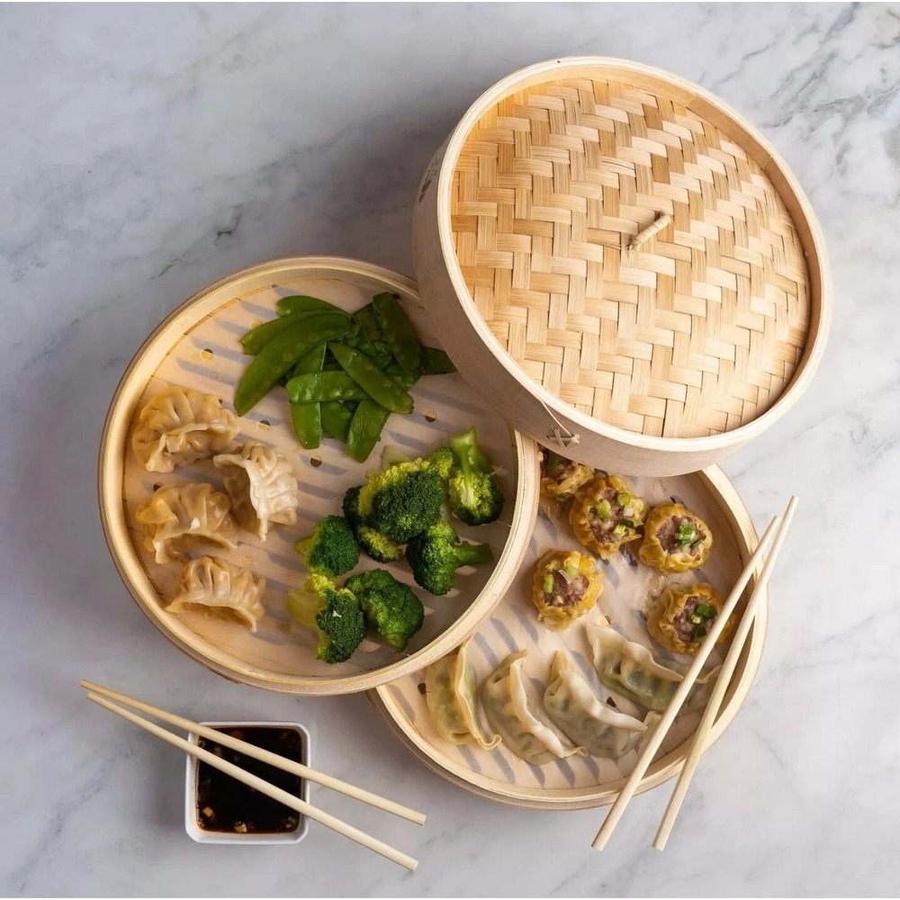 Traditional 10 Inch Bamboo Steamer Basket 2 Tier for Dumplings Buns Vegetables - Picture 7 of 11